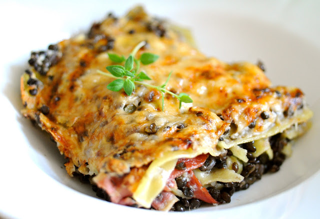 Lasagna with Lentils, Bacon and Cauliflower Béchamel Sauce