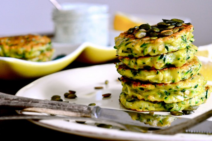 Zucchini Pancakes with Dill sour cream and toasted pumpkin seeds