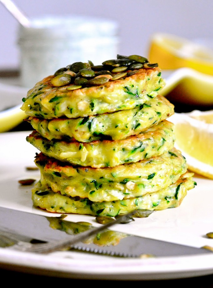 Zucchini pancakes with dill sour cream and pumpkin