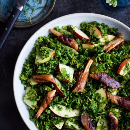 Salsify salad with bacon, kale and apple