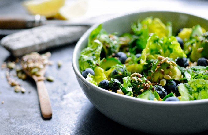 Green Salad with Blueberries in a bowl