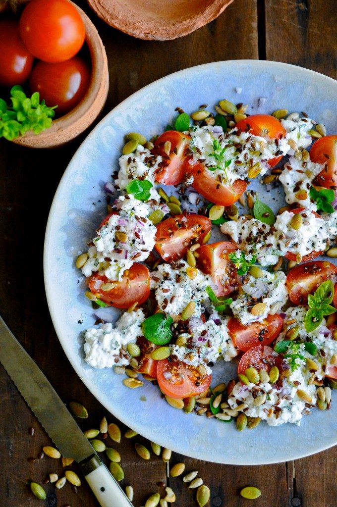 Cottage Cheese Salad With Tomatoes And Fresh Oregano