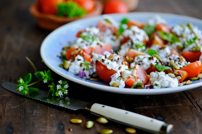 Cottage Cheese Salad With Tomatoes And Fresh Oregano