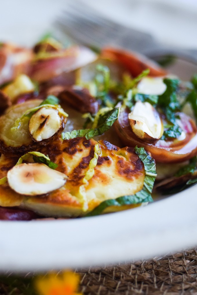Candy striped beets with halloumi salad
